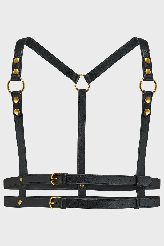 premium leather waist belt for business pants -Wanda Harness [BLACK/GOLD]