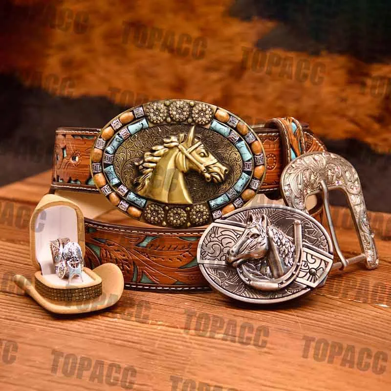 leather waist belt for casual jeans with silver buckle -Western Horse Head Set