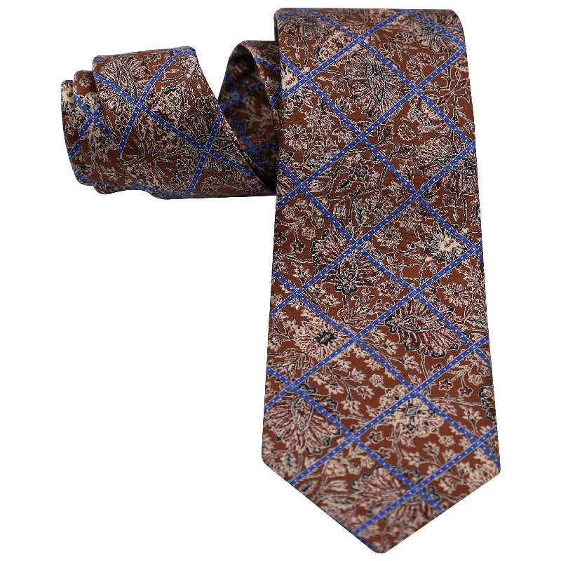 vibrant silk necktie combinations for weddings-BEIGE LEAFS ON MAROON WITH MID BLUE OVERCHECK SILK TIE