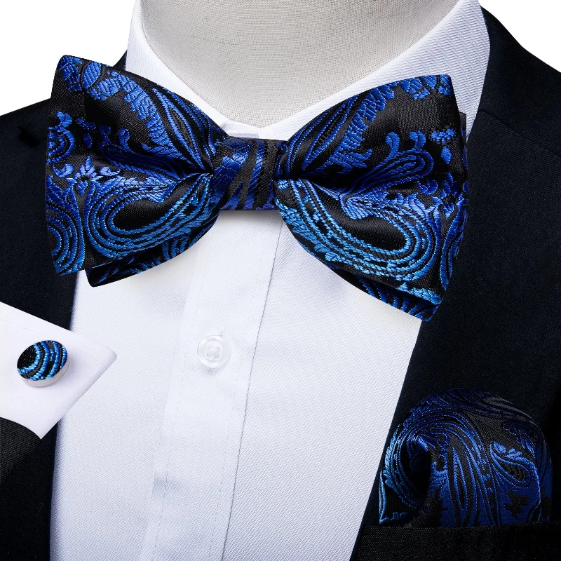 high-quality silk necktie designs for weddings-Black Blue Paisley Silk Pre-tied Bow Tie Hanky Cufflinks Set