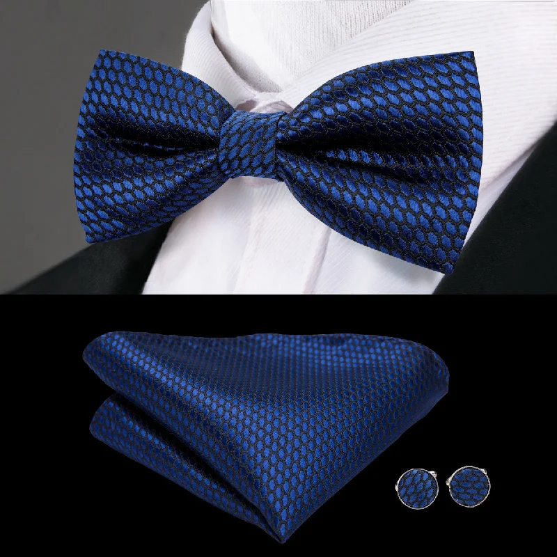 fashionable silk ties for business events-Black Blue Plaid Pre-tied Bow Tie Hanky Cufflinks Set