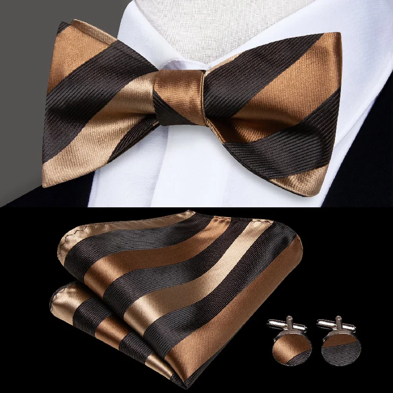 unique business silk necktie designs-Black Brown Striped Self-tied Bow Tie Pocket Square Cufflinks Set