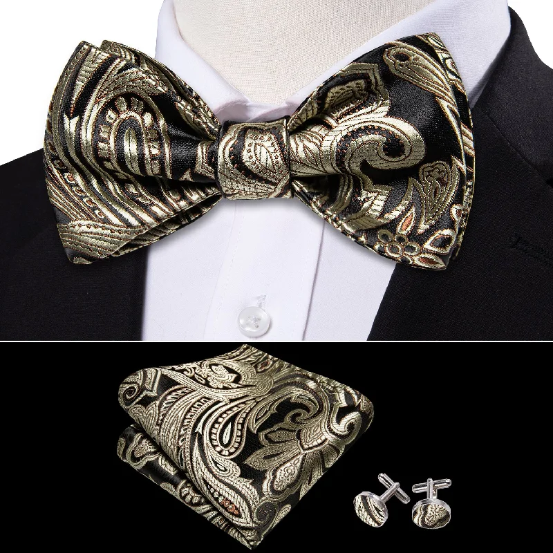 luxury silk necktie colors for weddings-Black Champagne Paisley Self-tied Silk Bow Tie Pocket Square Cufflinks Set