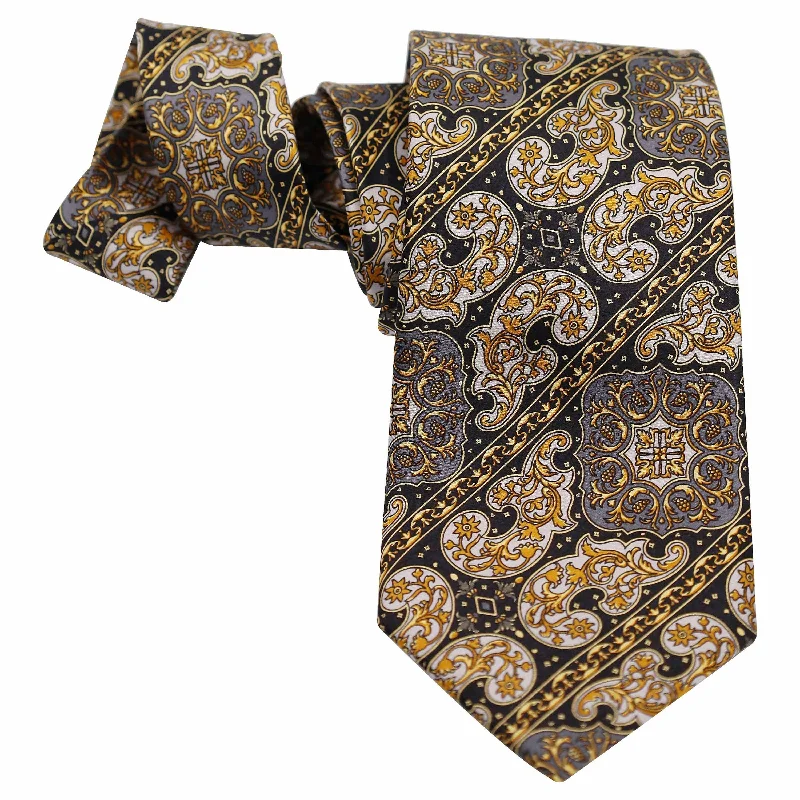 designer silk necktie packs for weddings-BLACK GOLD AND WHITE PAISLEY STRIPE SILK TIE