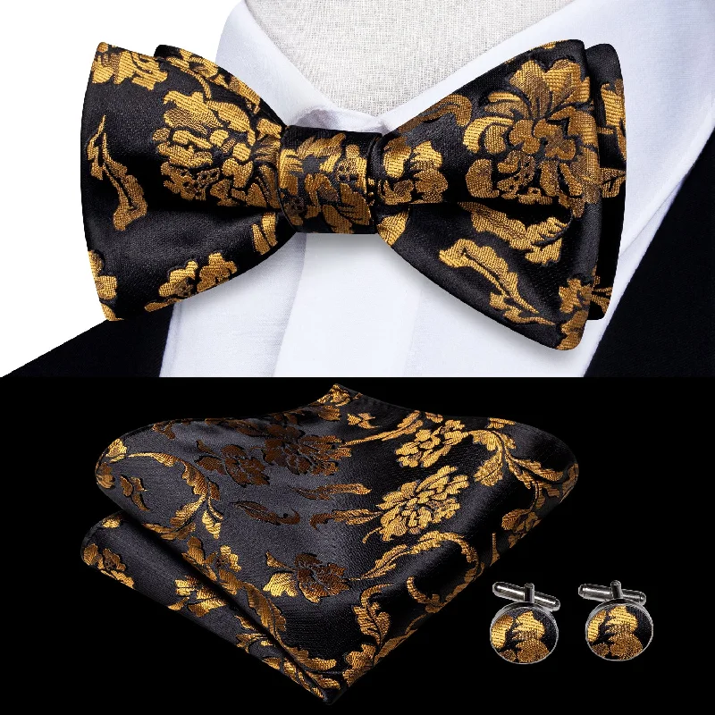 affordable silk necktie options for business wear-Black Golden Floral Self-tied Bow Tie Pocket Square Cufflinks Set