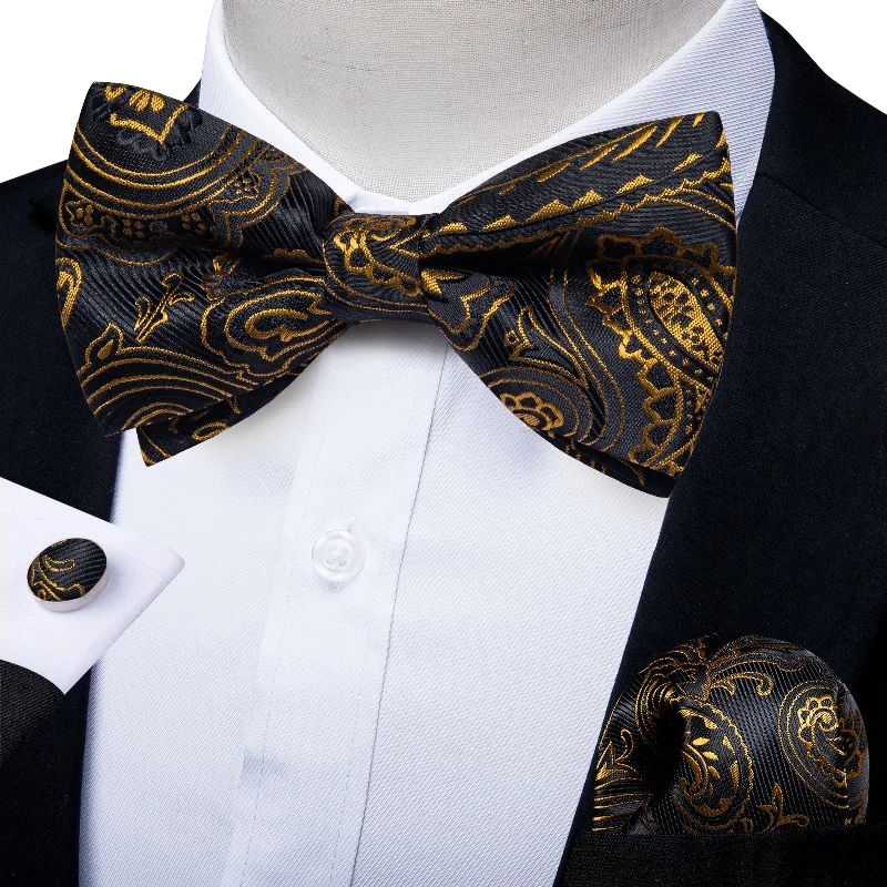 elegant wedding necktie designs for men-Black Golden Paisley Pre-tied Silk Bow Tie Pocket Square Cufflinks Set