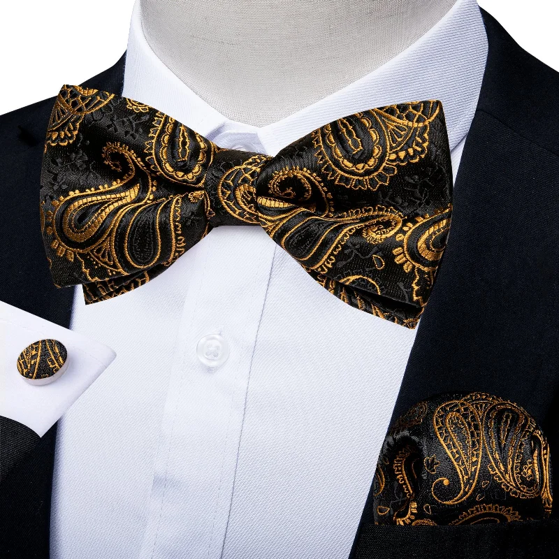 affordable silk wedding necktie packs-Black Golden Paisley Silk Pre-tied Bow Tie Hanky Cufflinks Set