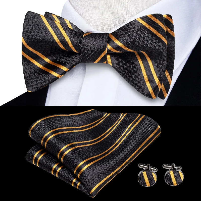 business silk bow ties for formal events-Black Golden Striped Self-tied Bow Tie Pocket Square Cufflinks Set