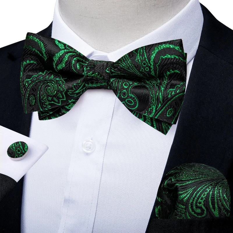 classic silk wedding necktie colors-Black Green Golden Floral Silk Pre-tied Bow Tie Hanky Cufflinks Set