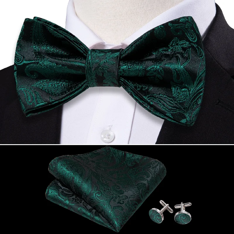 silk necktie designs for office events-Black Green Paisley Self-tied Bow Tie Pocket Square Cufflinks Set