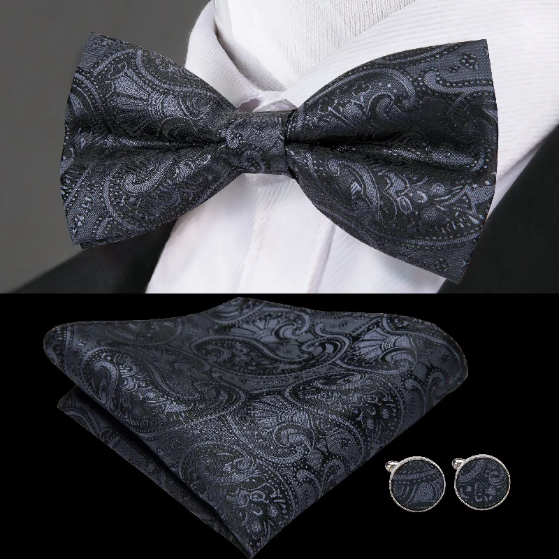 designer silk necktie sets for weddings-Black Grey Paisley Pre-tied Bow Tie Hanky Cufflinks Set