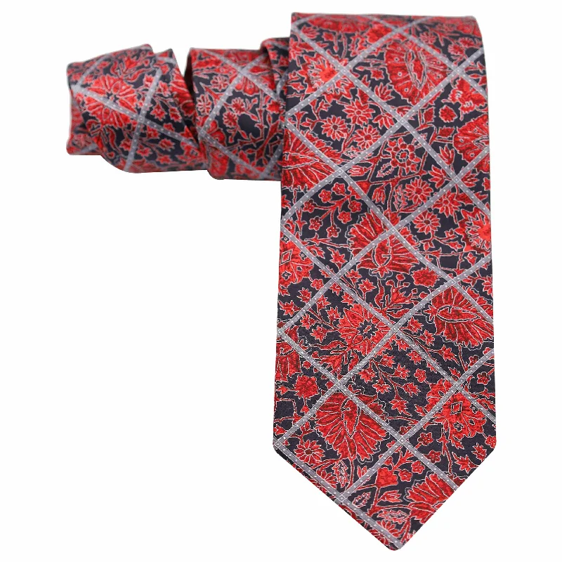 stylish office silk necktie combinations-BLACK ON RED PETALS WITH SILVER OVERCHECK SILK TIE