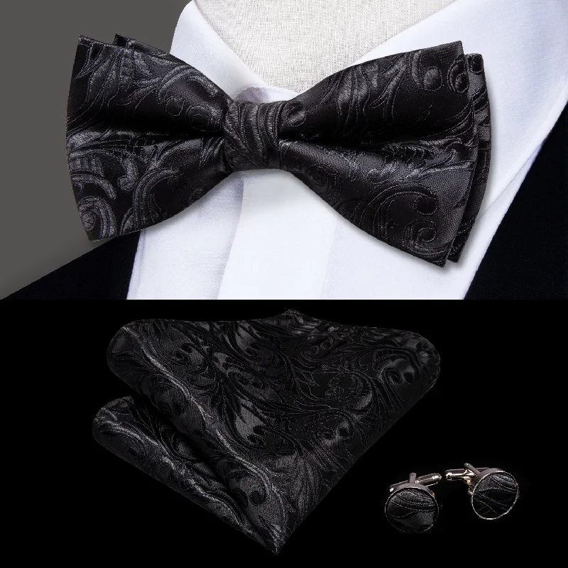 unique wedding necktie patterns for men-Black Paisley Pre-tied Bow Tie Hanky Cufflinks Set