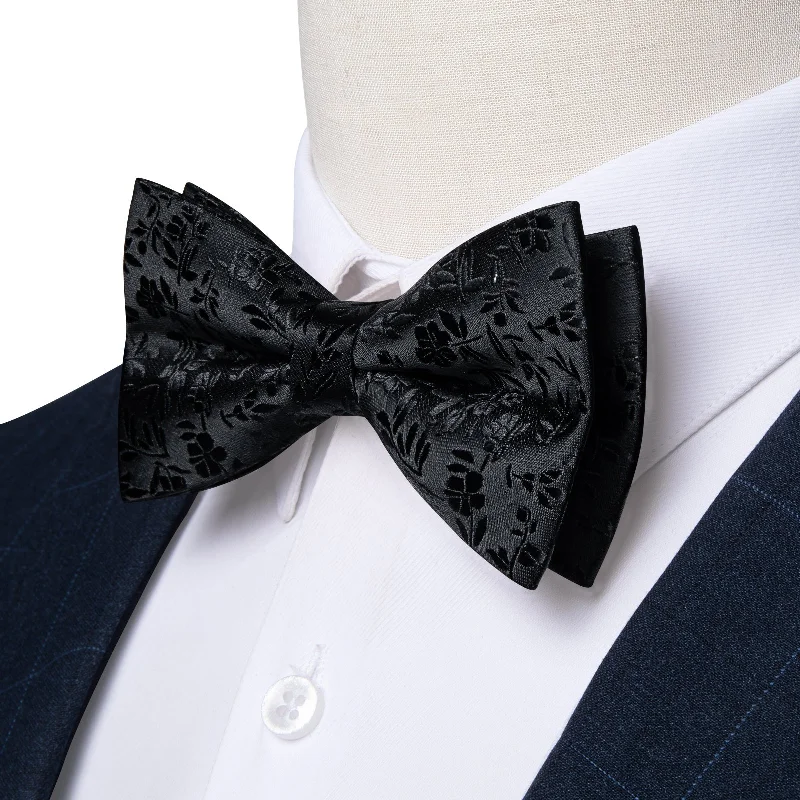 silk necktie combinations for wedding parties-Black Paisley Self-tied Bow Tie Pocket Square Cufflinks Set