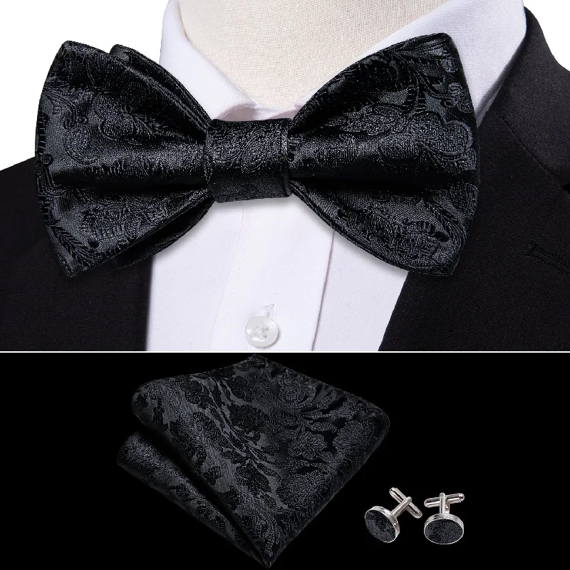 high-quality silk necktie designs for weddings-Black Paisley Self-tied Silk Bow Tie Pocket Square Cufflinks Set