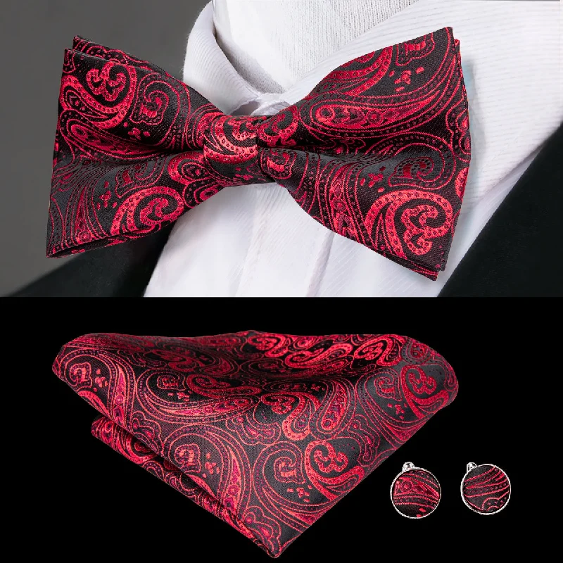 premium silk bow ties for formal events-Black Red Purple Paisley Pre-tied Bow Tie Hanky Cufflinks Set