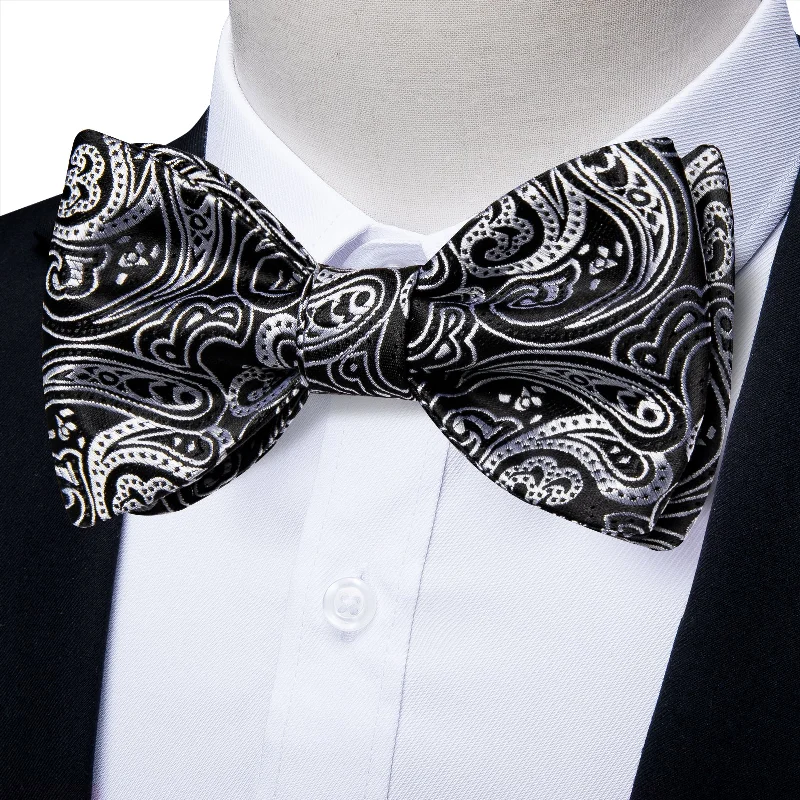 designer necktie ideas for weddings-Black White Paisley Self-tied Bow Tie Pocket Square Cufflinks Set