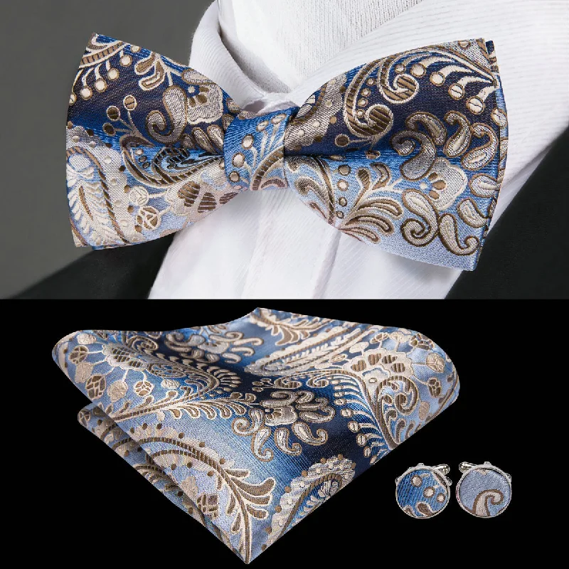 elegant silk necktie sets for wedding parties-Blue Brown Paisley Pre-tied Bow Tie Hanky Cufflinks Set