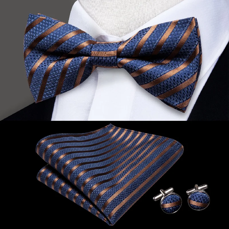 premium office silk necktie ideas-Blue Brown Striped Men's Pre-tied Bowtie Pocket Square Cufflinks Set