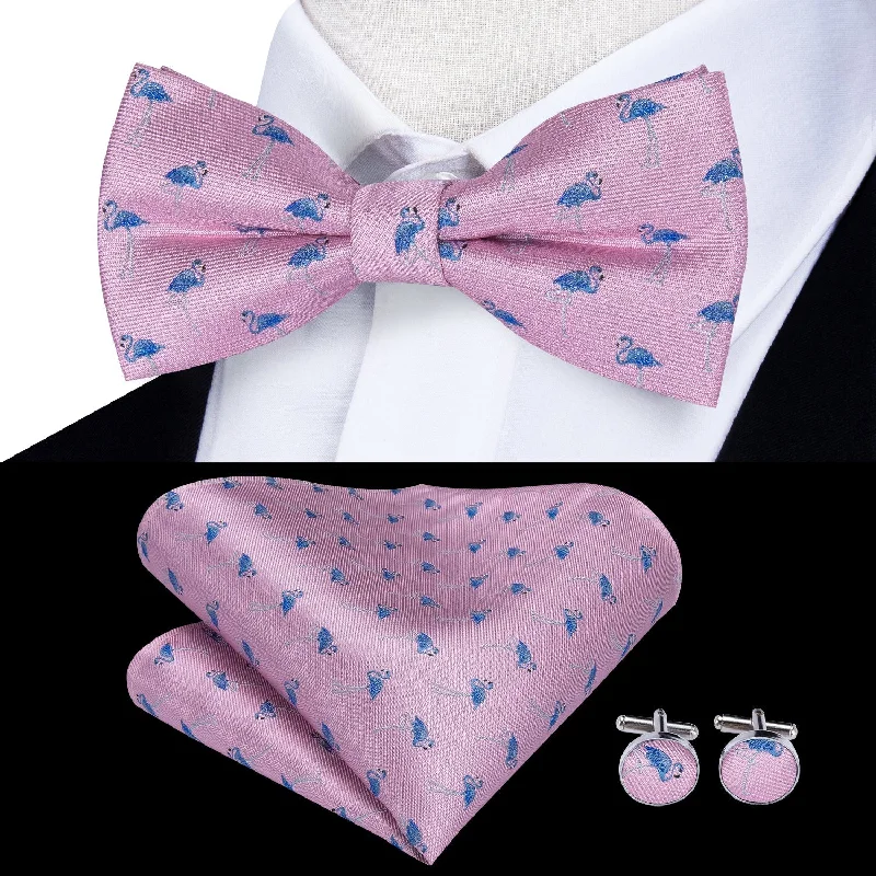 unique necktie designs for office wear-Blue flamingo Pink Pre-tied Bow Tie Hanky Cufflinks Set