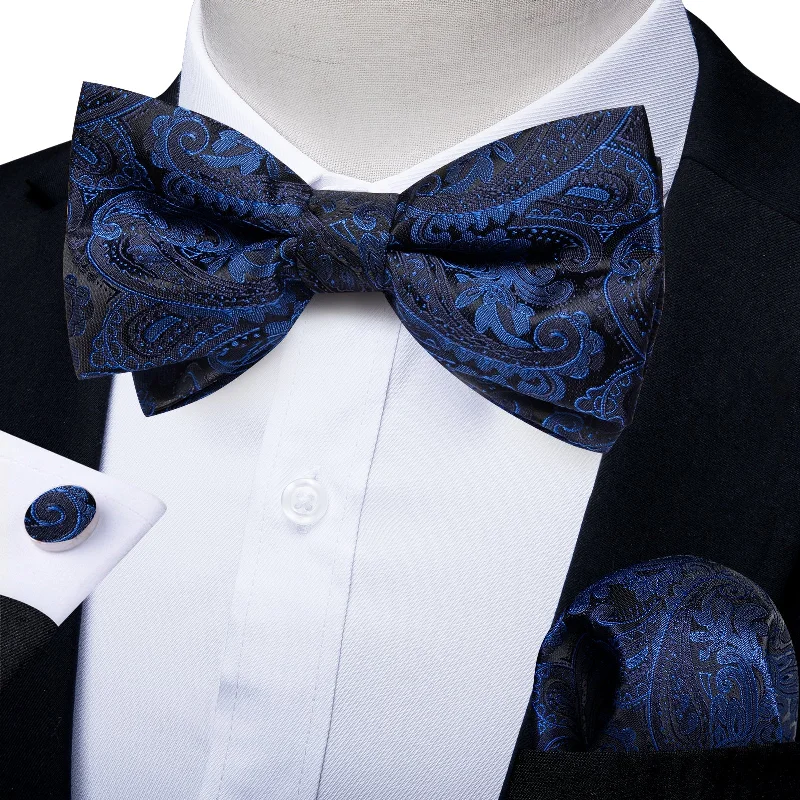 business silk necktie combinations for weddings-Blue Floral Silk Pre-tied Bow Tie Hanky Cufflinks Set