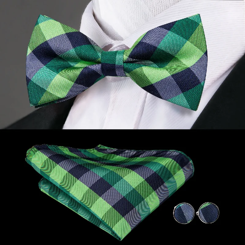 best necktie sets for formal office wear-Blue Green Plaid Pre-tied Bow Tie Hanky Cufflinks Set