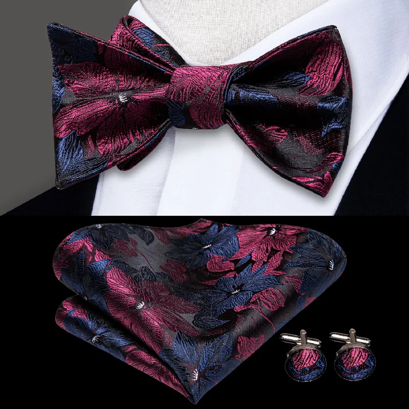 elegant silk necktie packs for office wear-Blue Red Floral Self-tied Silk Bow Tie Pocket Square Cufflinks Set