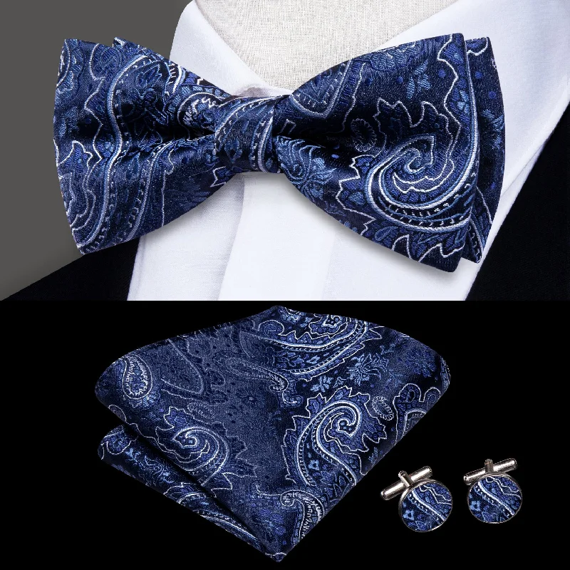 stylish silk necktie ideas for office meetings-Blue White Paisley Men Pre-tied Bowtie Pocket Square Cufflinks Set