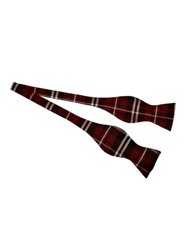 modern wedding necktie sets for men-Burgundy Plaid Self Tie Bow Tie