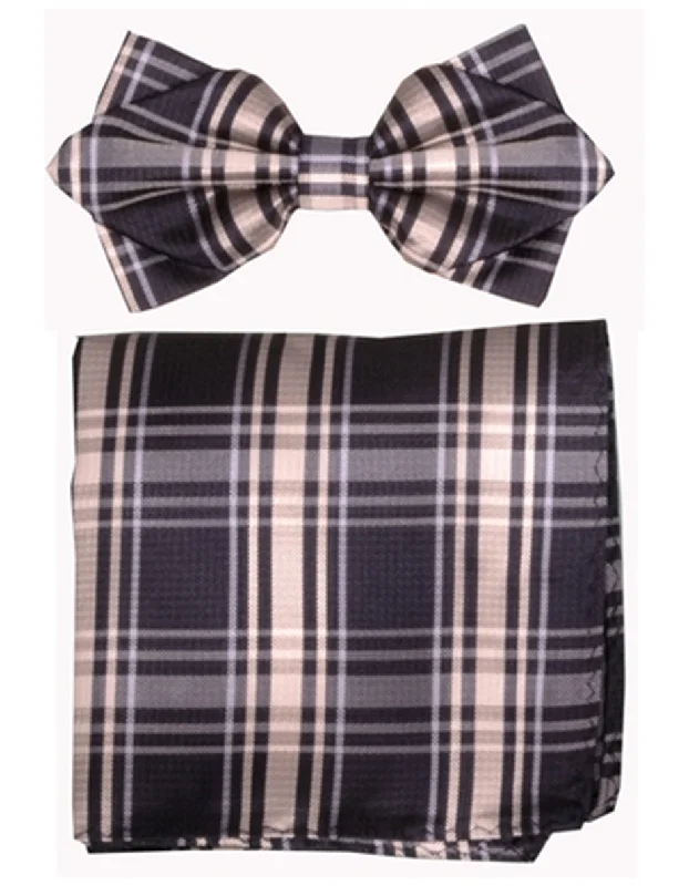 affordable designer silk necktie sets-Black Plaid Bow Tie Set