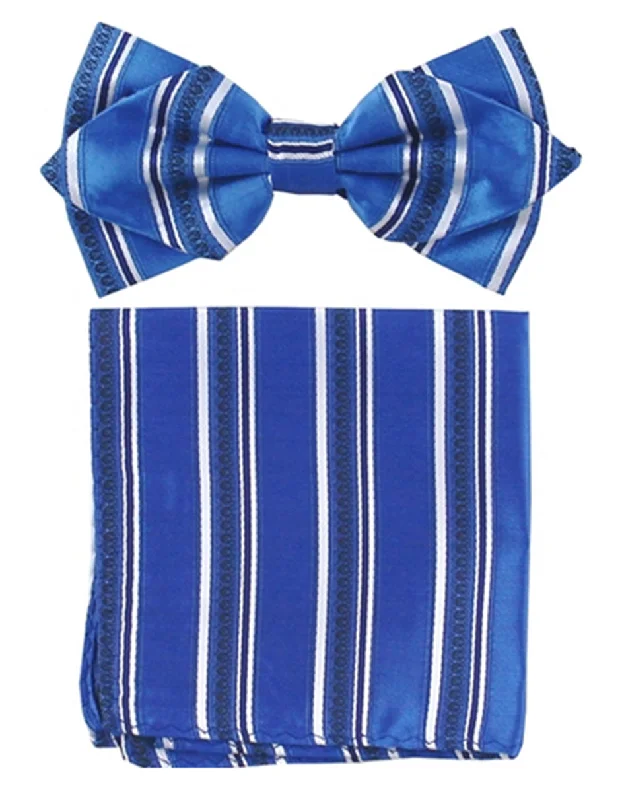 premium silk ties for office wear-Royal Blue Stripe Bow Tie Set