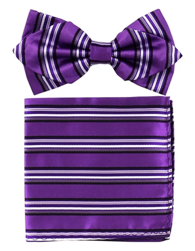 business silk necktie options for men-Purple Stripe Bow Tie Set