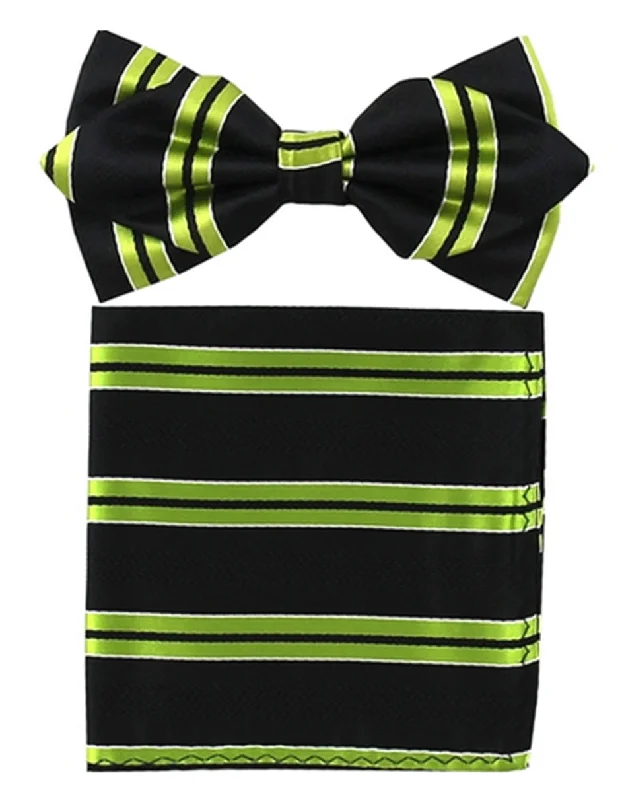 silk ties for formal office events-Bright Green Stripe Bow Tie Set