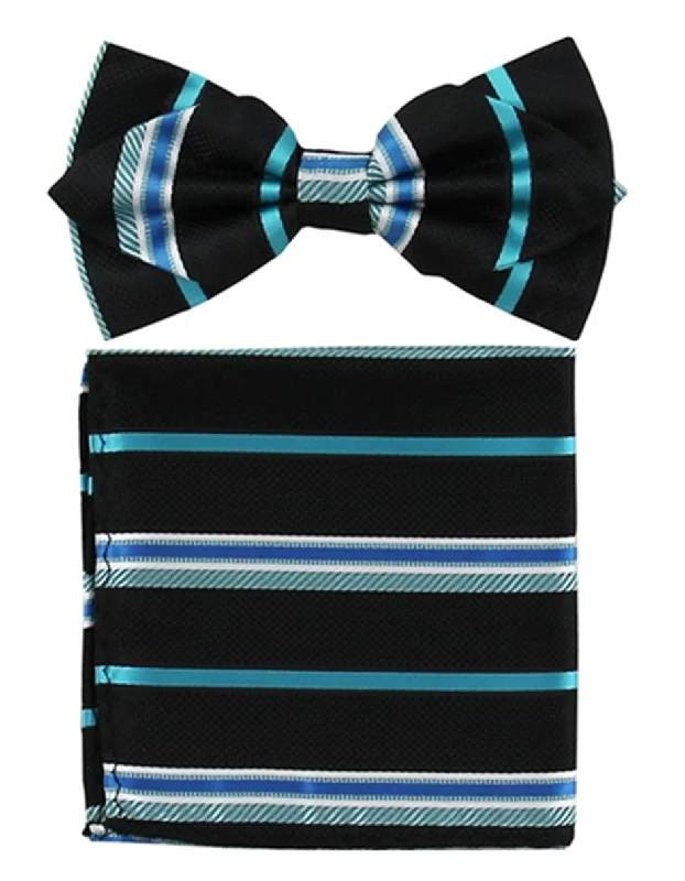 premium silk bow ties for formal events-Black & Teal Stripe Bow Tie Set