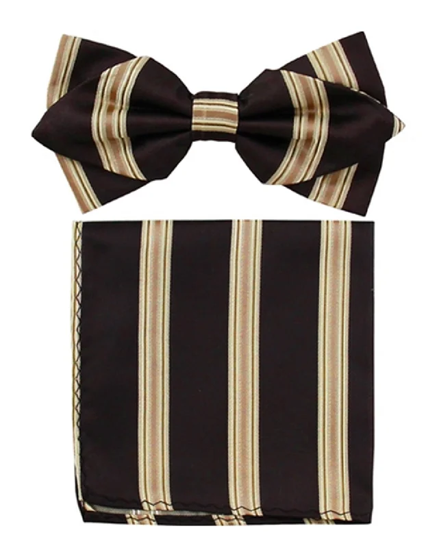 unique wedding silk necktie ideas-Black & Gold Stripe Bow Tie Set