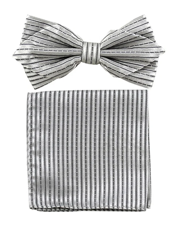 premium business silk tie sets-Silver Stripe Bow Tie Set