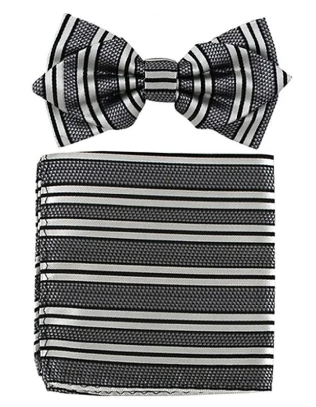 affordable wedding necktie colors for men-Black Stripe Bow Tie Set