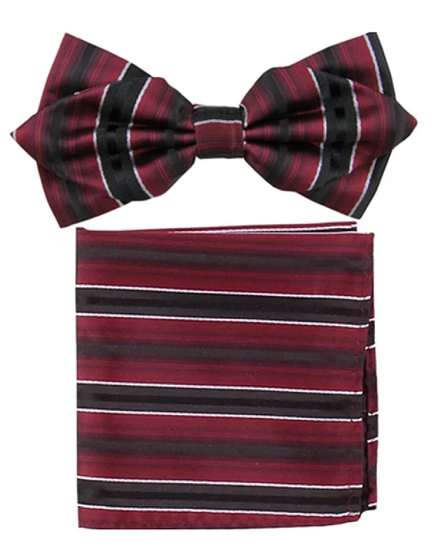 designer silk necktie packs for office wear-Burgundy Stripe Bow Tie Set