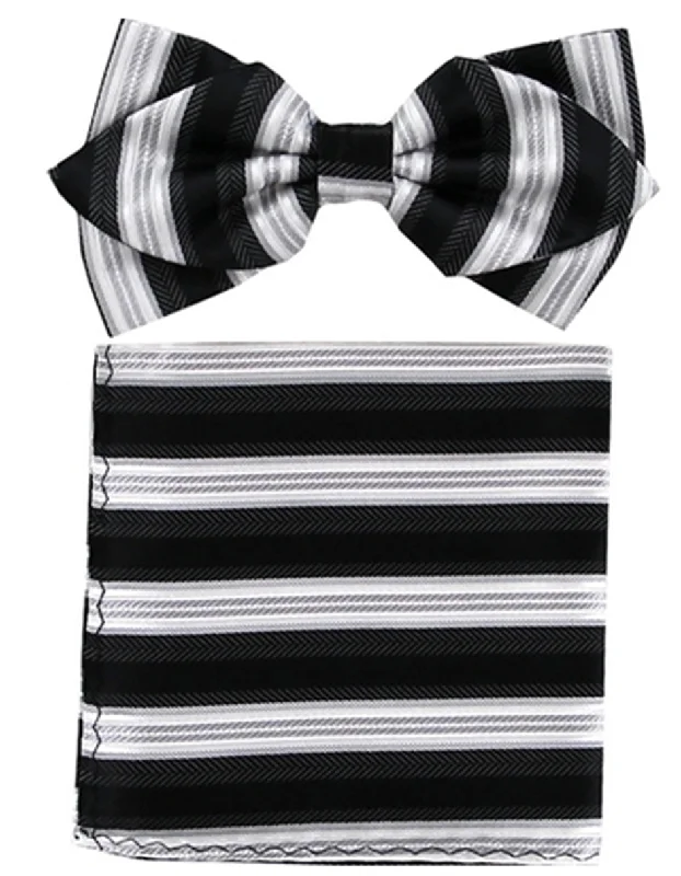 silk wedding bow ties for men-Black & White Stripe Bow Tie Set