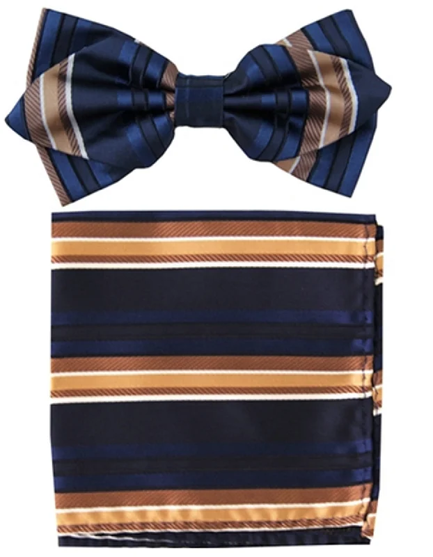 stylish office necktie sets for men-Navy & Brown Stripe Bow Tie Set