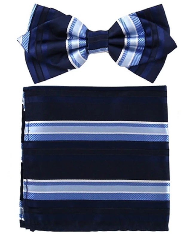 silk necktie options for office wear-Navy & Sky Stripe Bow Tie Set