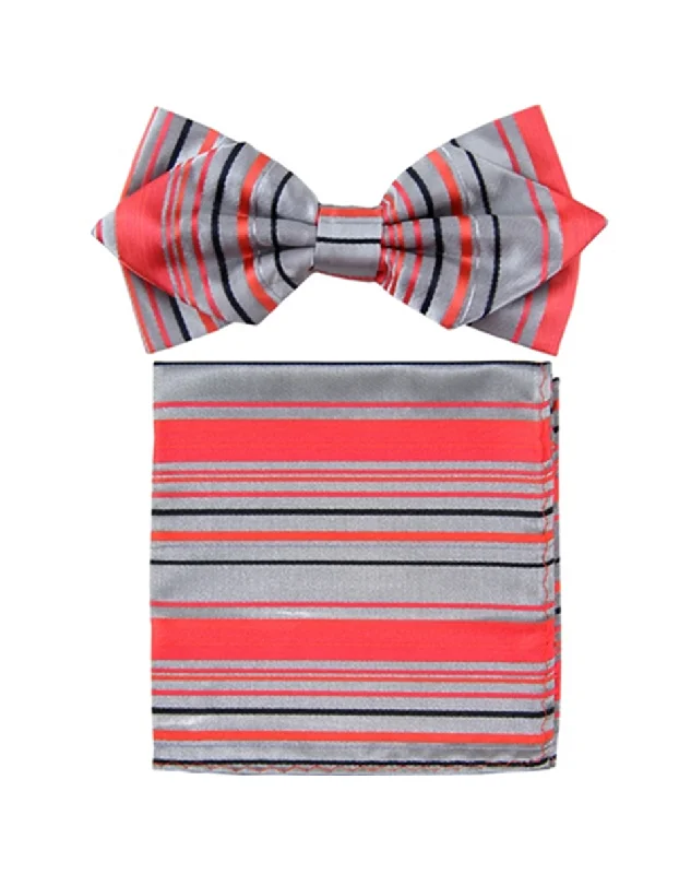 stylish necktie sets for weddings-Orange & Grey Stripe Bow Tie Set