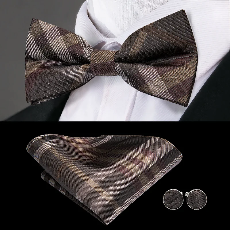 unique silk necktie colors for men-Brown Plaid Pre-tied Bow Tie Hanky Cufflinks Set