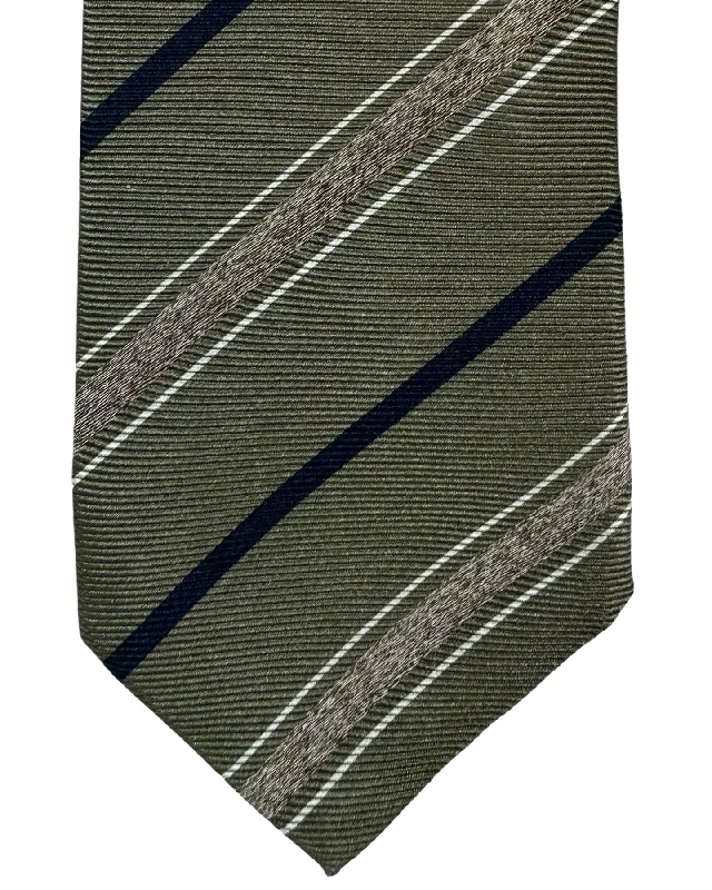 classic silk necktie patterns for weddings-Brunello Cucinelli Silk Necktie Olive Black Stripes SALE