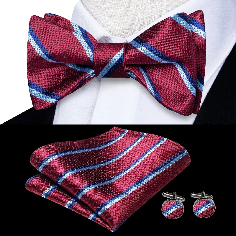 designer silk necktie packs for weddings-Burgundy Red Blue Striped Self-tied Bow Tie Pocket Square Cufflinks Set