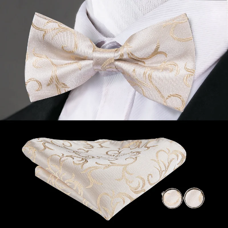 modern silk necktie designs for business wear-Champagne Beige White Floral Pre-tied Bow Tie Hanky Cufflinks Set