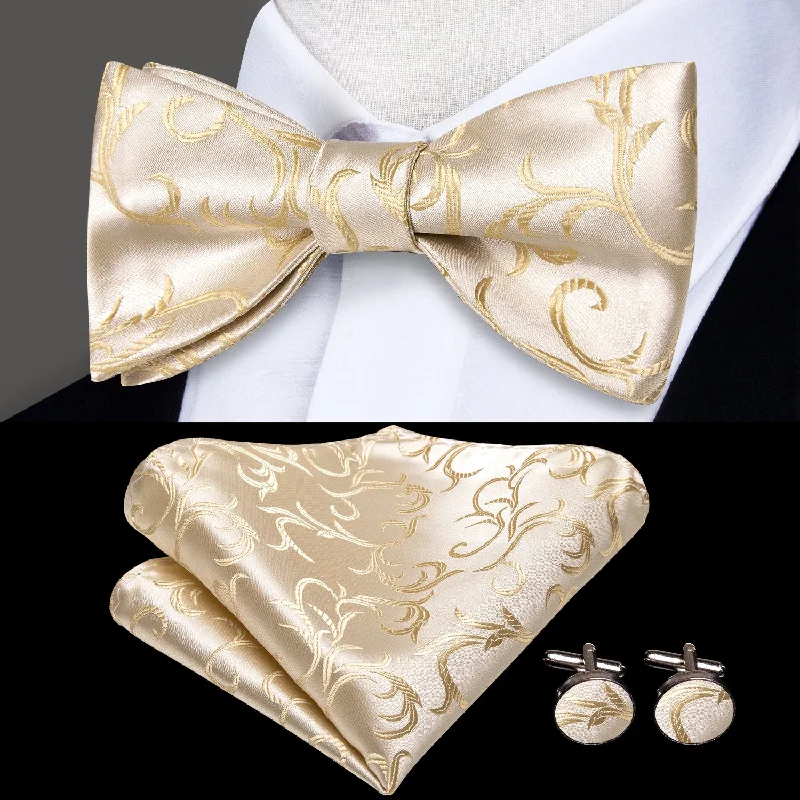 luxury wedding necktie sets for men-Champagne Floral Self-tied Bow Tie Pocket Square Cufflinks Set