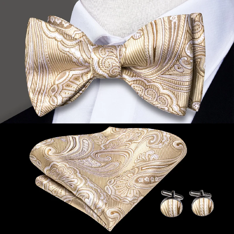 affordable silk necktie ideas for men-Champagne Paisley Self-tied Bow Tie Pocket Square Cufflinks Set