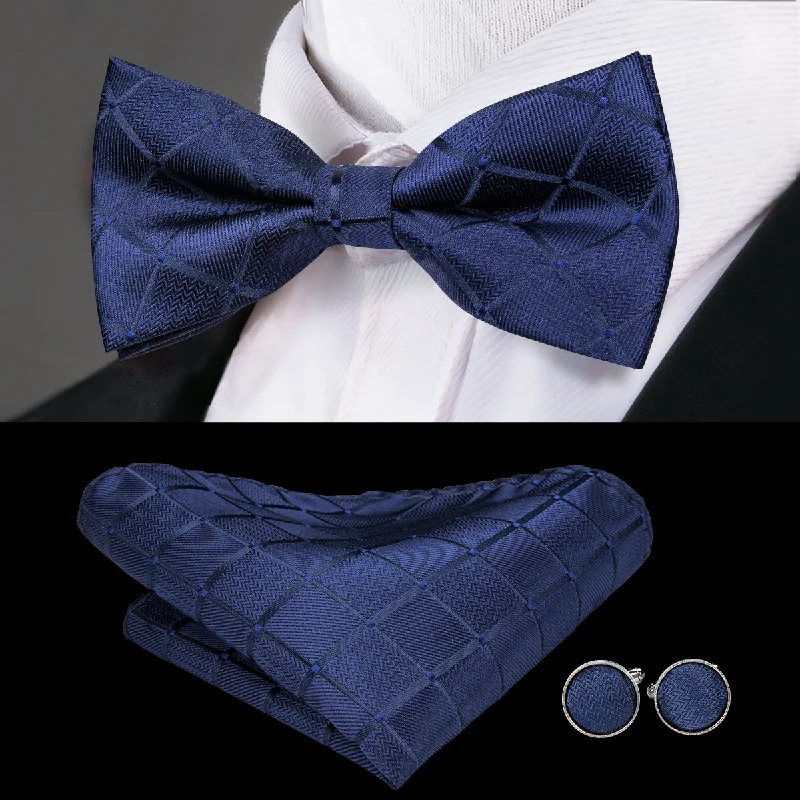 vibrant necktie colors for business events-Classic Black Plaid Pre-tied Bow Tie Hanky Cufflinks Set