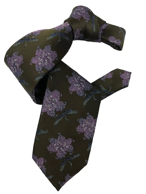 luxury silk necktie designs for men’s weddings-DMITRY 7-Fold Military Green Floral Italian Silk Tie